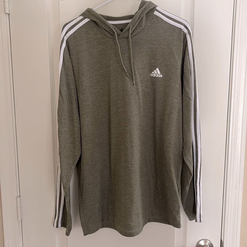 Adidas Heather Olive Green Hoodie with White Accents